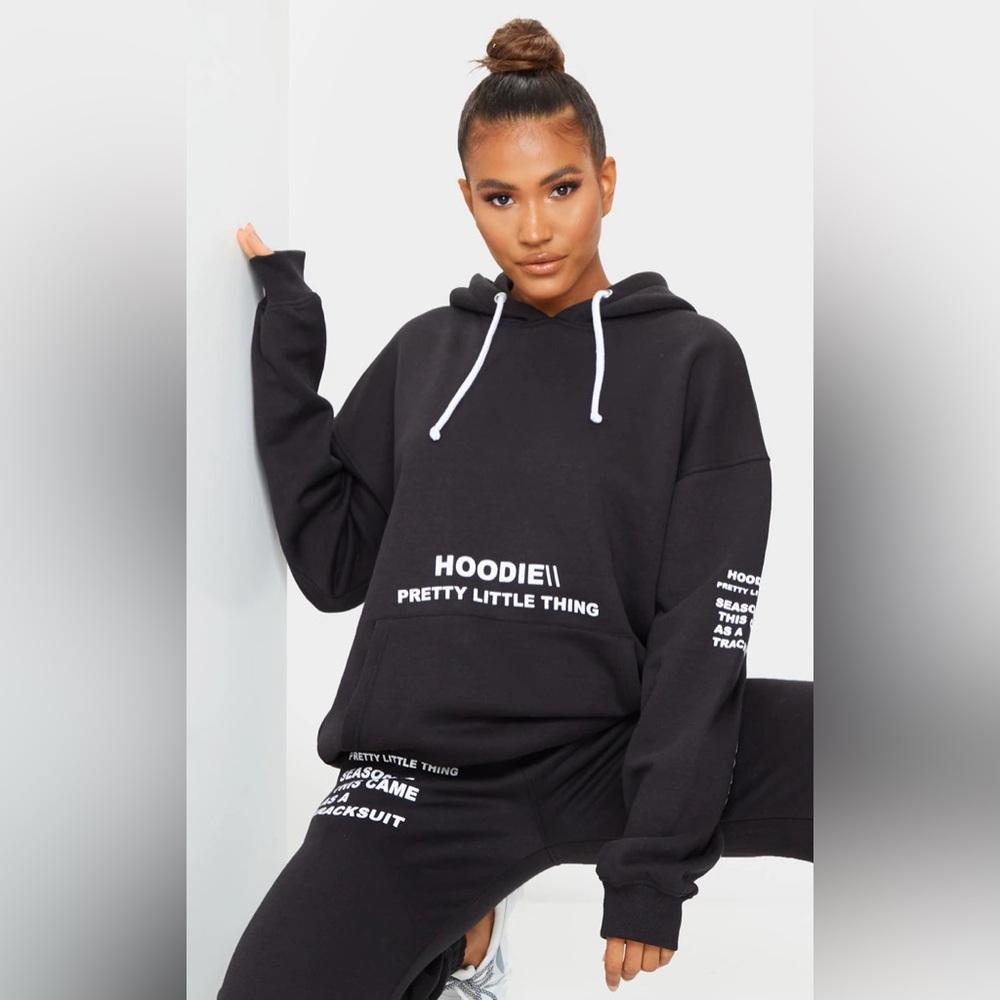 Pretty Little Thing Hoodie Womens Black Oversized Slogan Pullover NWT